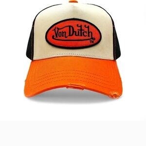 Von Dutch Cream and Orange Distressed Trucker Hat